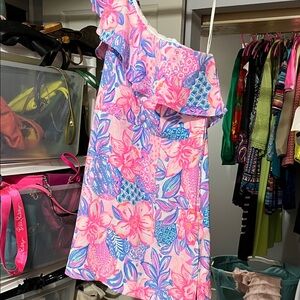 Lilly Pulitzer Floral Pink and Blue One Piece dress with built in shorts.